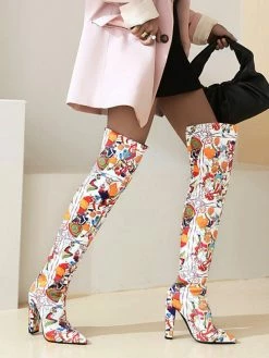 Women's Apricot Thigh High Boots Pointed Toe Chunky Heel Bright Leather Over The Knee Boots -winter shoes Sales 2023 202011301444463971148