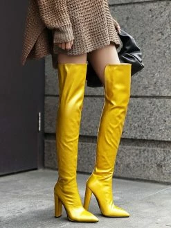Women's Apricot Thigh High Boots Pointed Toe Chunky Heel Bright Leather Over The Knee Boots -winter shoes Sales 2023 202011301444479855510