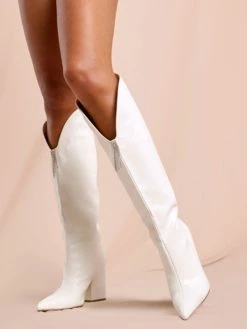 Knee-High Boots PU Leather Black Pointed Toe Chunky Heel 4.1" Woman Knee Length Boots -winter shoes Sales 2023 202012091551398348733