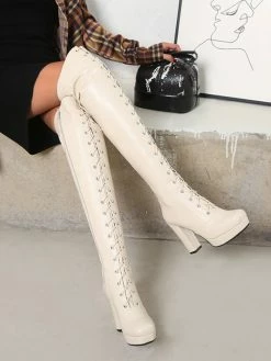 Women Thigh High Boots Black PU Leather Square Toe Chunky Heel Winter Boots -winter shoes Sales 2023 20201215143305429865