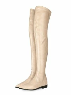 Womens Thigh High Boots Orange Red PU Leather Pointed Toe Flat Heel Boots -winter shoes Sales 2023 202012301439335313046