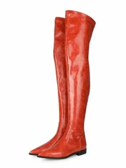 Womens Thigh High Boots Orange Red PU Leather Pointed Toe Flat Heel Boots