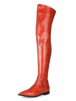 Womens Thigh High Boots Orange Red PU Leather Pointed Toe Flat Heel Boots -winter shoes Sales 2023 202012301439357714496