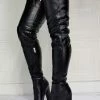 Women Thigh High Boots PU Leather Black Sky High Chunky Heel Over The Knee Boots