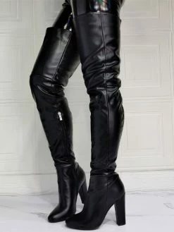 Women Thigh High Boots PU Leather Black Sky High Chunky Heel Over The Knee Boots