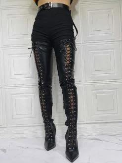 Sexy High Heel Boots Plus Size Pointed Toe Boot Shaft Adjustable Buckle Stiletto Heel Black Thigh High Over The Knee Boots