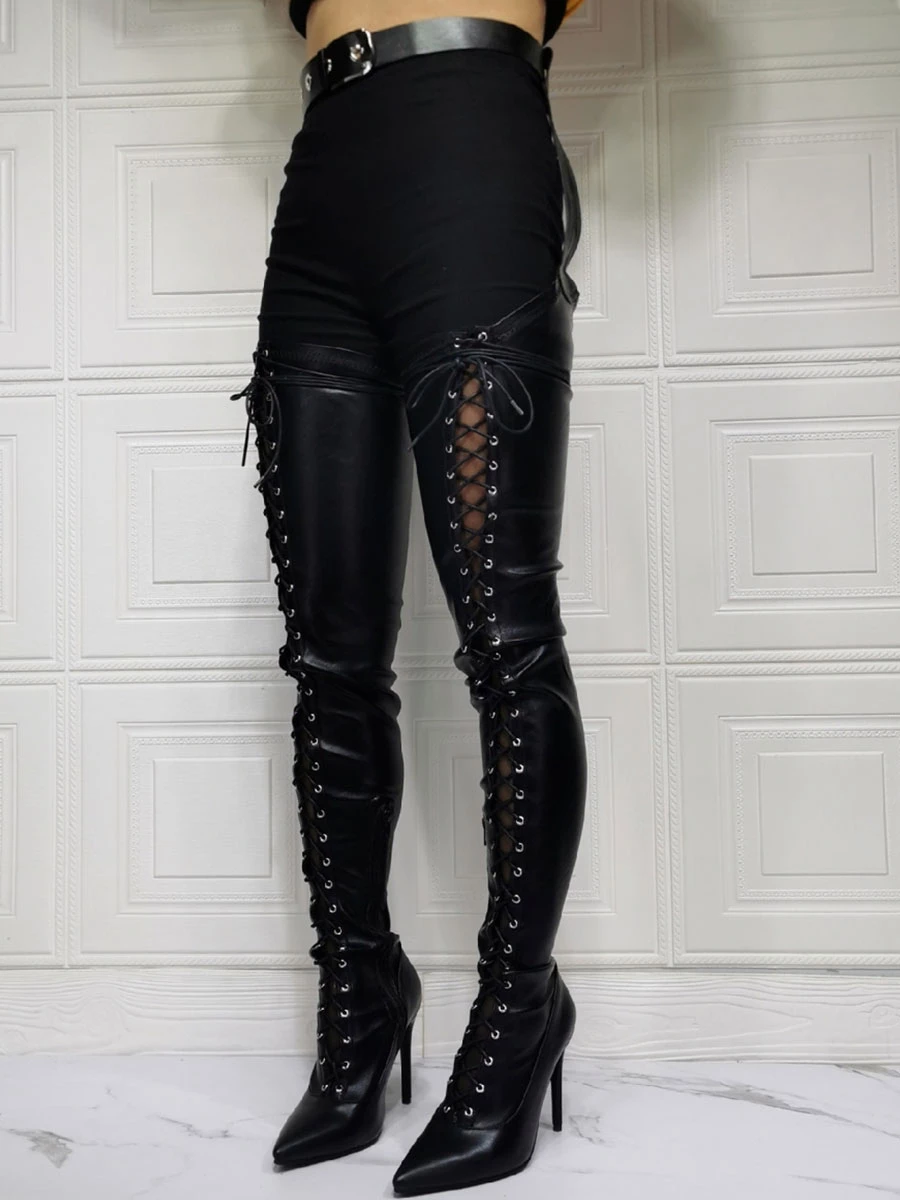 Sexy High Heel Boots Plus Size Pointed Toe Boot Shaft Adjustable Buckle Stiletto Heel Black Thigh High Over The Knee Boots 5 Sexy High Heel Boots Plus Size Pointed Toe Boot Shaft Adjustable Buckle Stiletto Heel Black Thigh High Over The Knee Boots - Image 5