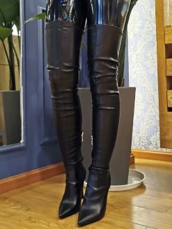 Women Sexy Boots Plus Size Pointed Toe Slip-On Stiletto Heel Black Thigh High Over The Knee Boots