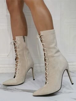 Women Sexy Boots Apricot Pointed Toe Strap Adjustable Stiletto Heel Micro Suede Upper Ball Thigh High Boots