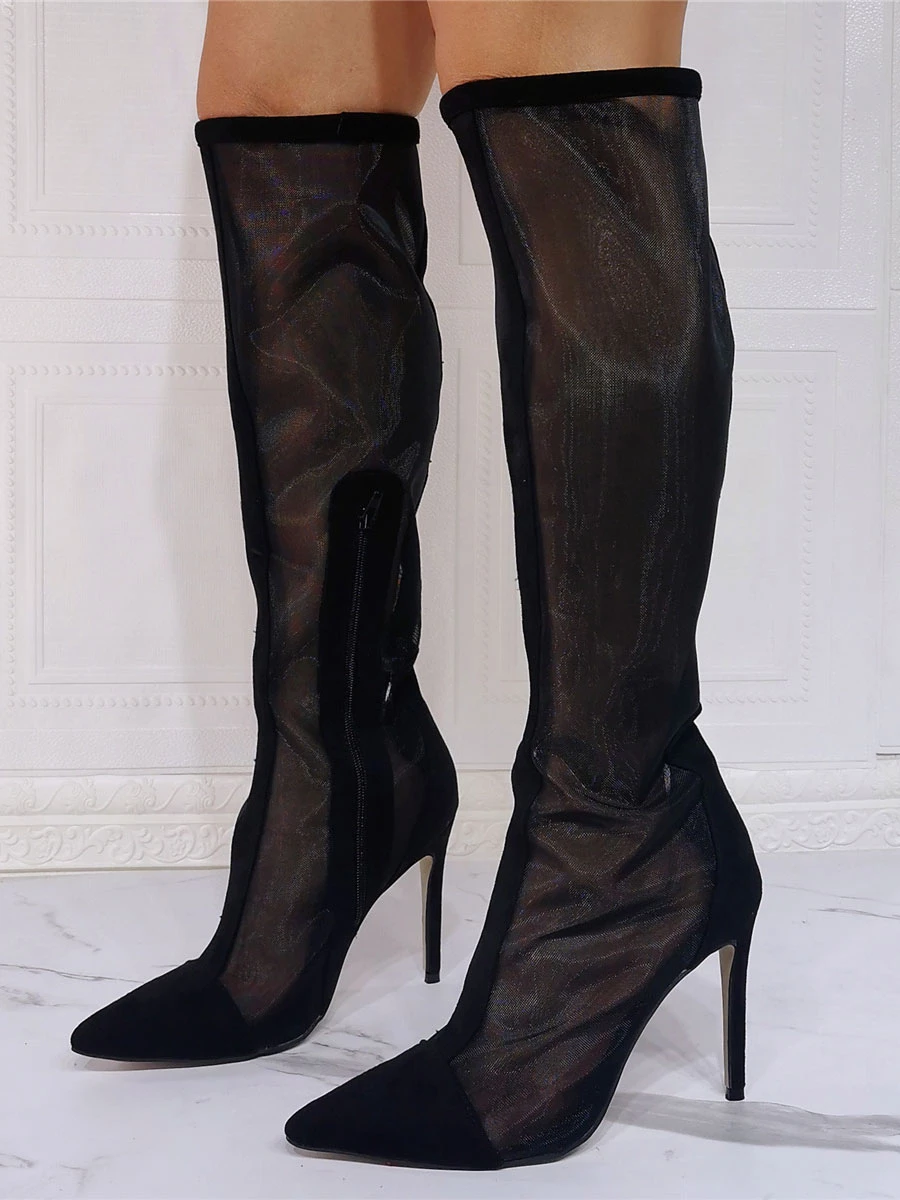 Black Summer Boots Pointed Toe Sky High Stiletto Heel Mesh Micro Suede Knee High Boots 2 Black Summer Boots Pointed Toe Sky High Stiletto Heel Mesh Micro Suede Knee High Boots - Image 2