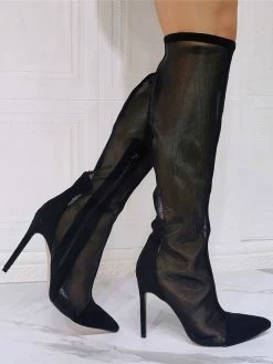 Black Summer Boots Pointed Toe Sky High Stiletto Heel Mesh Micro Suede Knee High Boots 8 Black Summer Boots Pointed Toe Sky High Stiletto Heel Mesh Micro Suede Knee High Boots -winter shoes Sales 2023 202105141813439661437