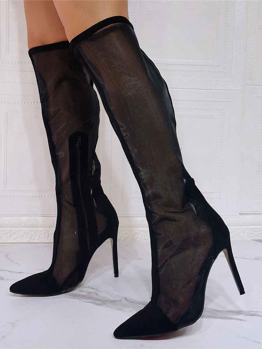 Black Summer Boots Pointed Toe Sky High Stiletto Heel Mesh Micro Suede Knee High Boots 1 Black Summer Boots Pointed Toe Sky High Stiletto Heel Mesh Micro Suede Knee High Boots