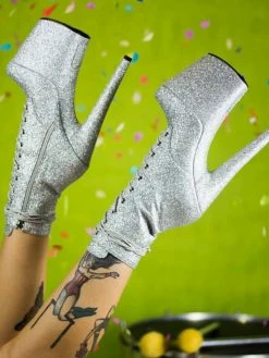 Pole Dance Shoes Women Sexy Boots Open Toe Zipper Sequins Stars Print Pattern Stiletto Heel Silver Rave Club Thigh High Boots Over The Knee Boots Stripper Shoes