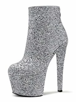 Pole Dance Shoes Sexy High Heel Boots Open Toe Zipper Sequins Stars Print Stiletto Heel Silver Rave Club Thigh High Boots Stripper Shoes