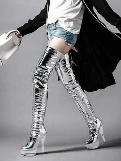 Women Sexy Boots Open Toe Zipper Sequins Stiletto Heel Rave Club Silver Thigh High Boots Over The Knee Boots