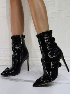 Women Boots Patent PU Upper Black Pointed Toe Stiletto Heel Patent PU High-Tops Booties