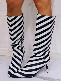 Knee-High Boots PU Leather Black Pointed Toe Stiletto Heel PU Leather Boots -winter shoes Sales 2023 202106201627405283099