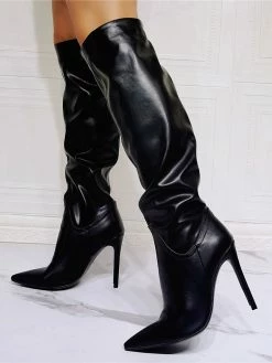 Women Knee High Boots PU Leather Black Pointed Toe Stiletto Heel Sexy High Heel Boots -winter shoes Sales 2023 202106221847017364157