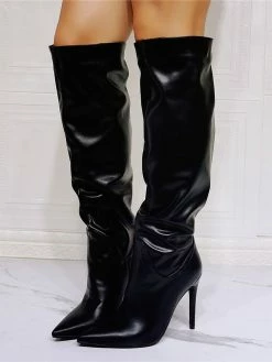 Women Knee High Boots PU Leather Black Pointed Toe Stiletto Heel Sexy High Heel Boots -winter shoes Sales 2023 202106221847027302878