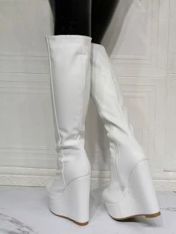 Women Knee High Boots PU Leather White Round Toe Wedge Heel Sexy High Heel Boots -winter shoes Sales 2023 202106221847460287799