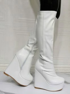 Women Knee High Boots PU Leather White Round Toe Wedge Heel Sexy High Heel Boots -winter shoes Sales 2023 20210622184746356678