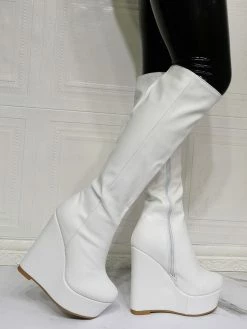 Women Knee High Boots PU Leather White Round Toe Wedge Heel Sexy High Heel Boots -winter shoes Sales 2023 202106221847469763996