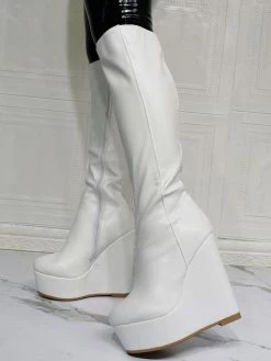 Women Knee High Boots PU Leather White Round Toe Wedge Heel Sexy High Heel Boots