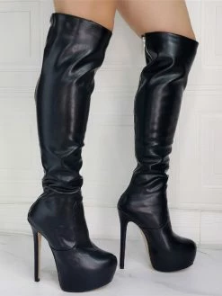Women Knee High Boots PU Leather Black Round Toe Cone Heel Sexy High Heel Boots -winter shoes Sales 2023 202106221847475912917