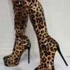 Knee High Boots Patent PU Upper Leopard Round Toe Stiletto Bright Leather Heel Sexy High Heel Boots