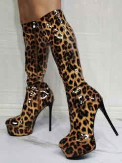 Knee High Boots Patent PU Upper Leopard Round Toe Stiletto Bright Leather Heel Sexy High Heel Boots