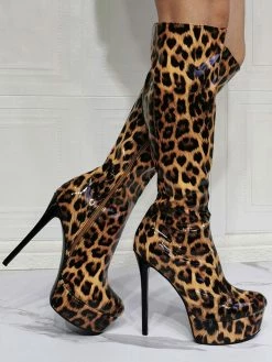Knee High Boots Patent PU Upper Leopard Round Toe Stiletto Bright Leather Heel Sexy High Heel Boots -winter shoes Sales 2023 202106221847506724481