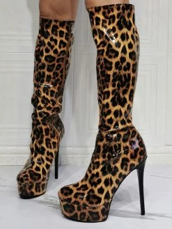 Knee High Boots Patent PU Upper Leopard Round Toe Stiletto Bright Leather Heel Sexy High Heel Boots -winter shoes Sales 2023 202106221847509936413