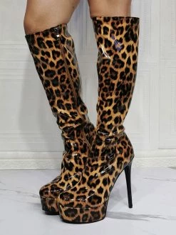 Knee High Boots Patent PU Upper Leopard Round Toe Stiletto Bright Leather Heel Sexy High Heel Boots -winter shoes Sales 2023 202106221847513376479