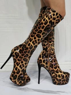 Knee High Boots Patent PU Upper Leopard Round Toe Stiletto Bright Leather Heel Sexy High Heel Boots -winter shoes Sales 2023 202106221847516795798