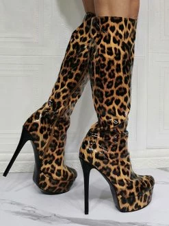 Knee High Boots Patent PU Upper Leopard Round Toe Stiletto Bright Leather Heel Sexy High Heel Boots -winter shoes Sales 2023 202106221847519954201