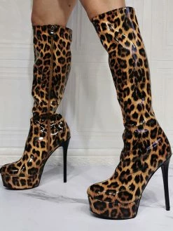 Knee High Boots Patent PU Upper Leopard Round Toe Stiletto Bright Leather Heel Sexy High Heel Boots -winter shoes Sales 2023 20210622184752345678