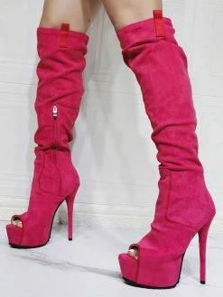 Women Knee High Boots Canvas Rose Round Toe Stiletto Heel Sexy High Boots