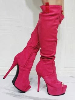 Women Knee High Boots Canvas Rose Round Toe Stiletto Heel Sexy High Boots -winter shoes Sales 2023 202106221847530002658
