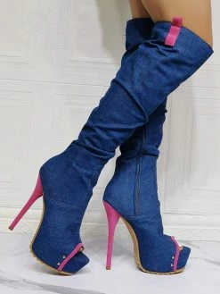 Women Knee High Boots Canvas Rose Round Toe Stiletto Heel Sexy High Boots -winter shoes Sales 2023 202106221847539504278