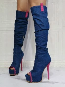 Women Knee High Boots Canvas Rose Round Toe Stiletto Heel Sexy High Boots -winter shoes Sales 2023 202106221847543608979