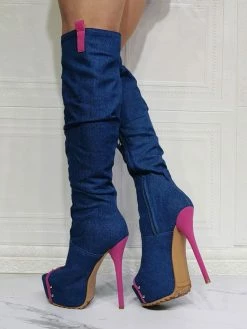 Women Knee High Boots Canvas Rose Round Toe Stiletto Heel Sexy High Boots -winter shoes Sales 2023 202106221847549952516