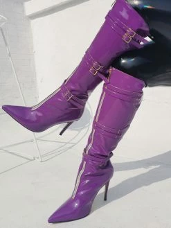 Women Knee High Boots Grape Purple Pointed Toe Bright Leather Stiletto Heel Sexy High Boots -winter shoes Sales 2023 202106221847559908480