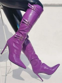 Women Knee High Boots Grape Purple Pointed Toe Bright Leather Stiletto Heel Sexy High Boots -winter shoes Sales 2023 202106221847569596549