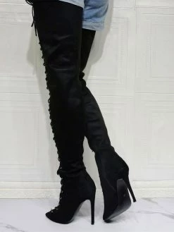 Women's Lace Up Thigh High Heel Boots In Black Suede -winter shoes Sales 2023 202107211425554146722