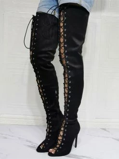 Women's Lace Up Thigh High Heel Boots In Black Suede -winter shoes Sales 2023 202107211425557318158