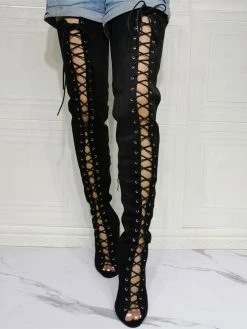 Women's Lace Up Thigh High Heel Boots In Black Suede