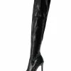Women Stiletto Heel PU Leather Over The Knee Black Thigh High Boots In