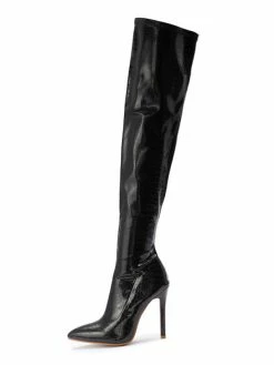 Women Stiletto Heel PU Leather Over The Knee Black Thigh High Boots In