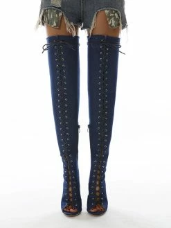 Women's Lace Up Peep Toe Thigh High Heel Boots