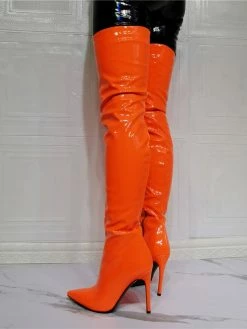 Women's Thigh High Heel Boots In Orange Patent Bright Leather -winter shoes Sales 2023 202107281905389397073